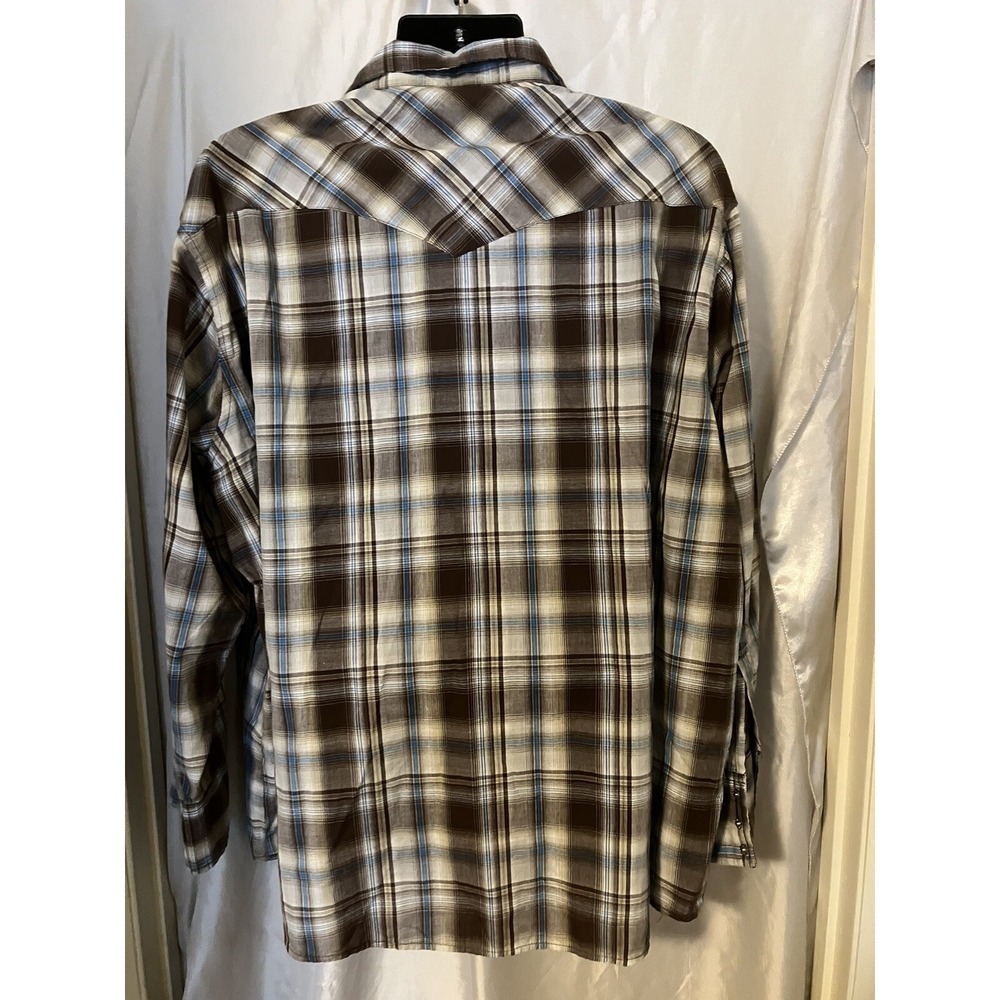 Wrangler Western Fashion 3XL Mens Shirt Pearl Snap LS Blue Brown Plaid Pockets - Picture 3 of 4